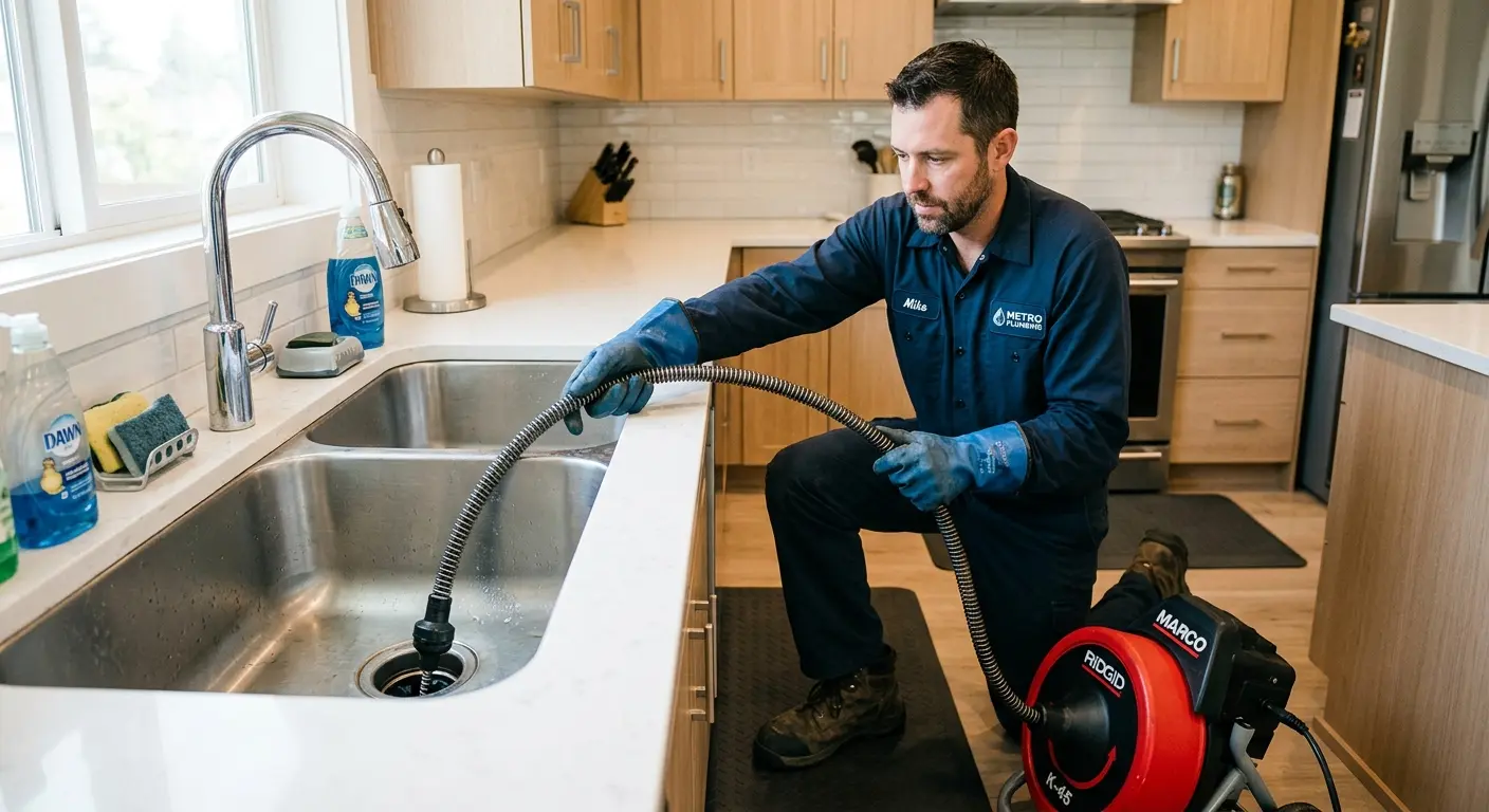 Drain cleaning technician using a motorized snake on a kitchen sink in Oakdale