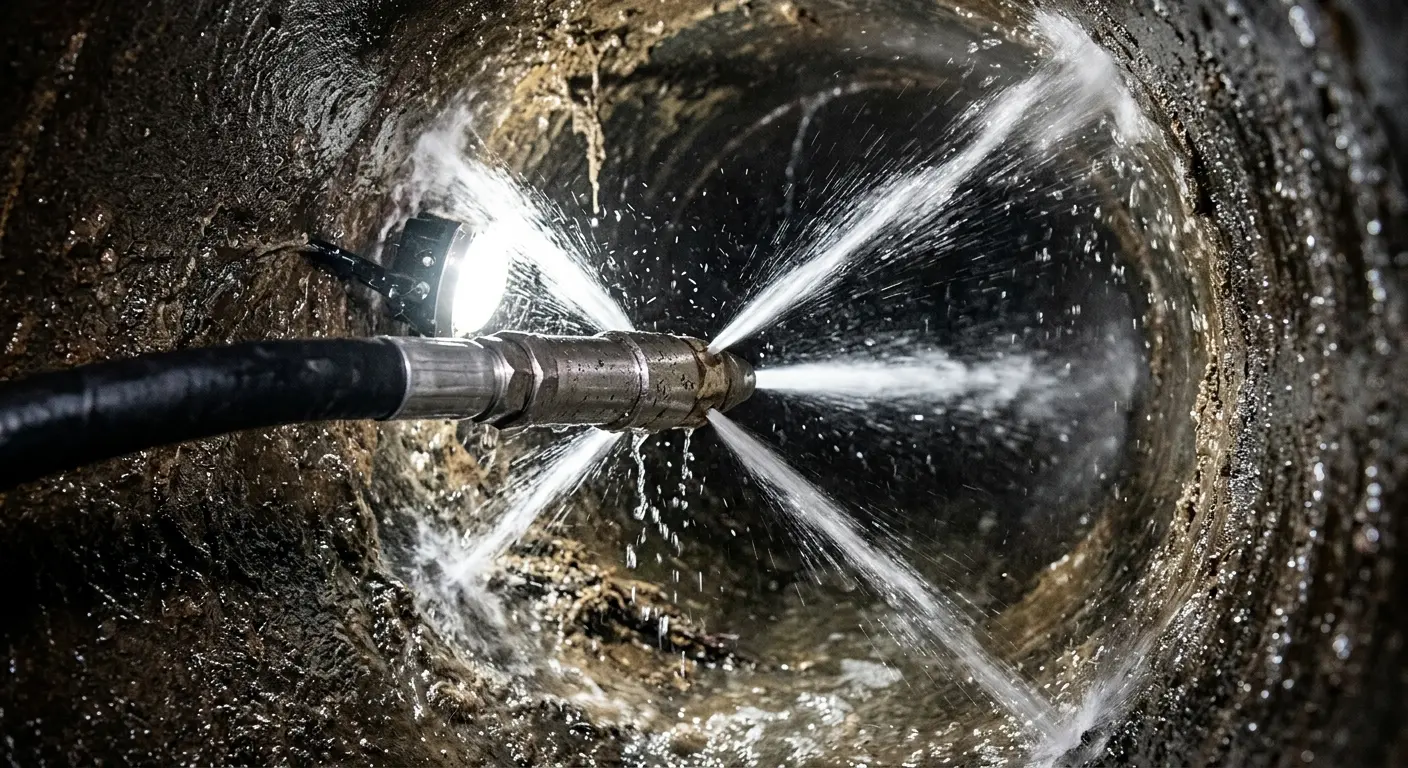 High-pressure hydro jetting nozzle cleaning sewer pipe for Sewer Cleanout in Oakdale
